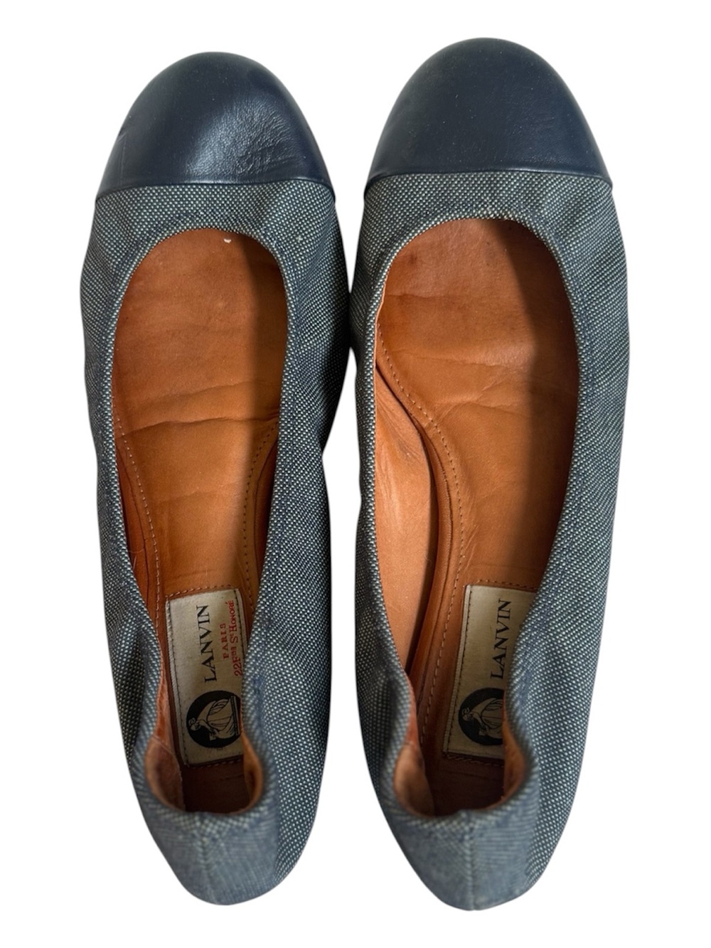 Lanvin Paris Ballet Flats Navy Blue Leather Cap Toe Grey Textile Womens 41